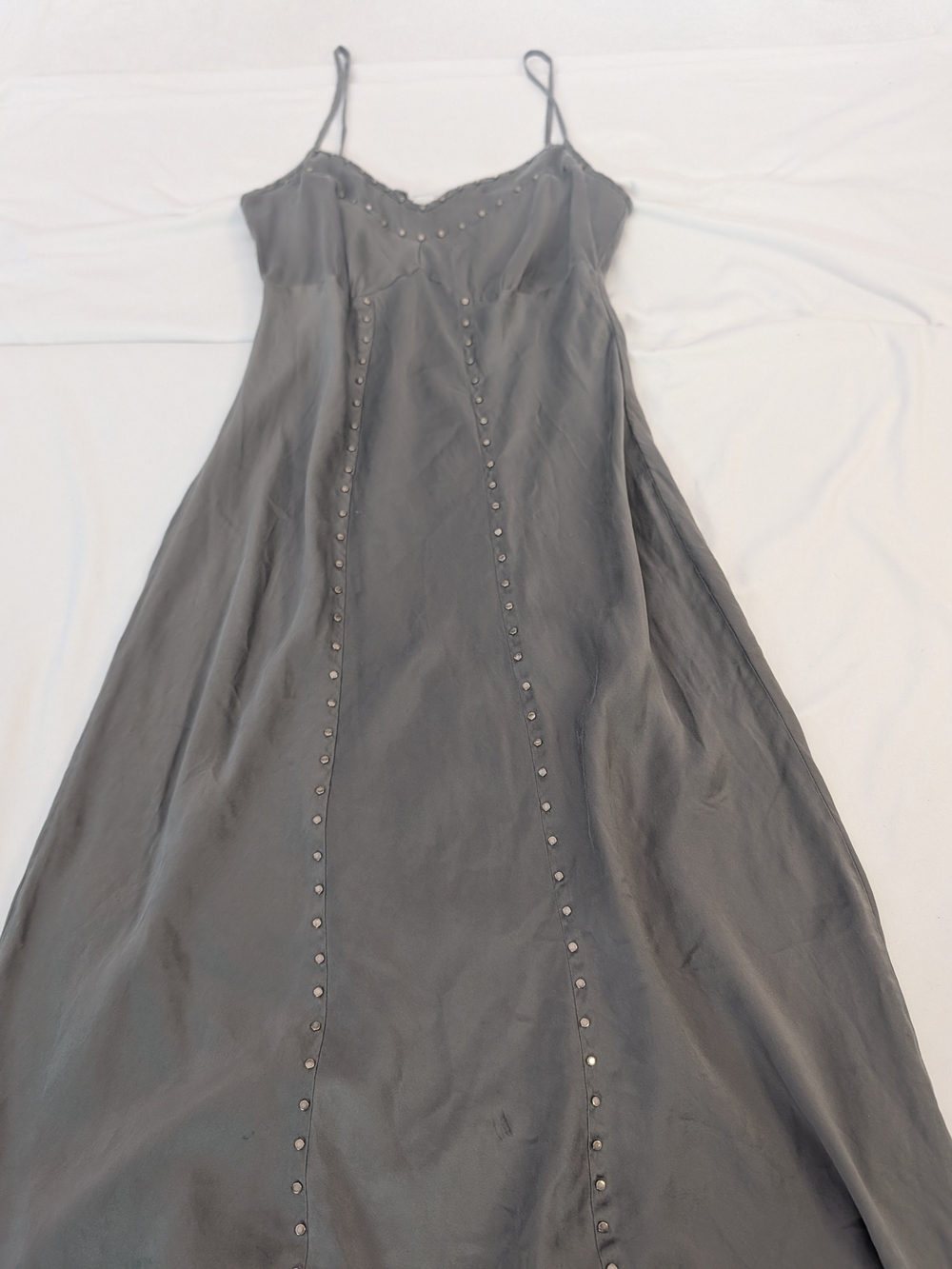VTG To The Max 100% Silk Studded Slip Maxi Dress Gray Y2K Grunge